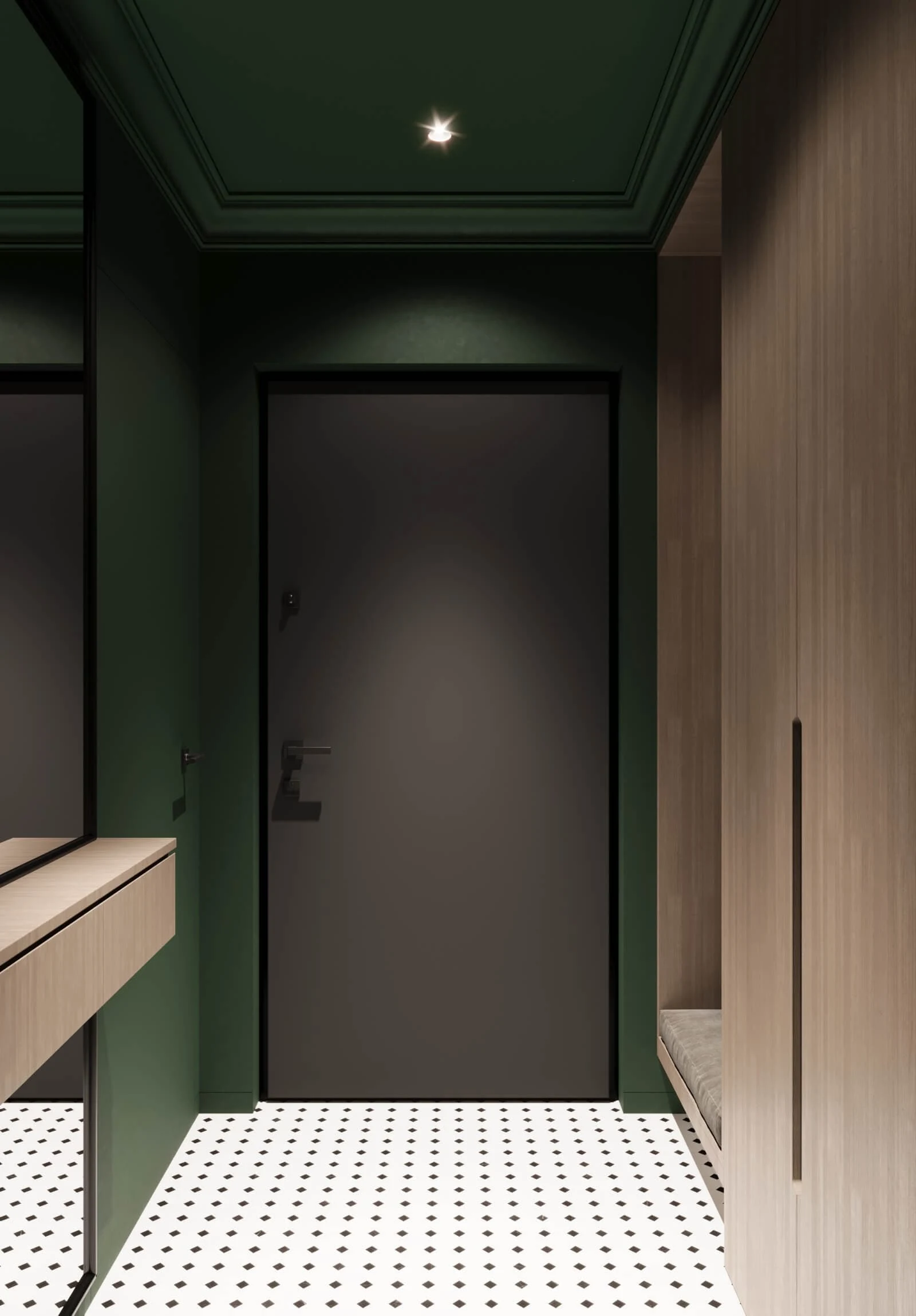 Zielony przedpokój z drewnianą zabudową i wzorzystą podłogą — detal projektu Budcor Design